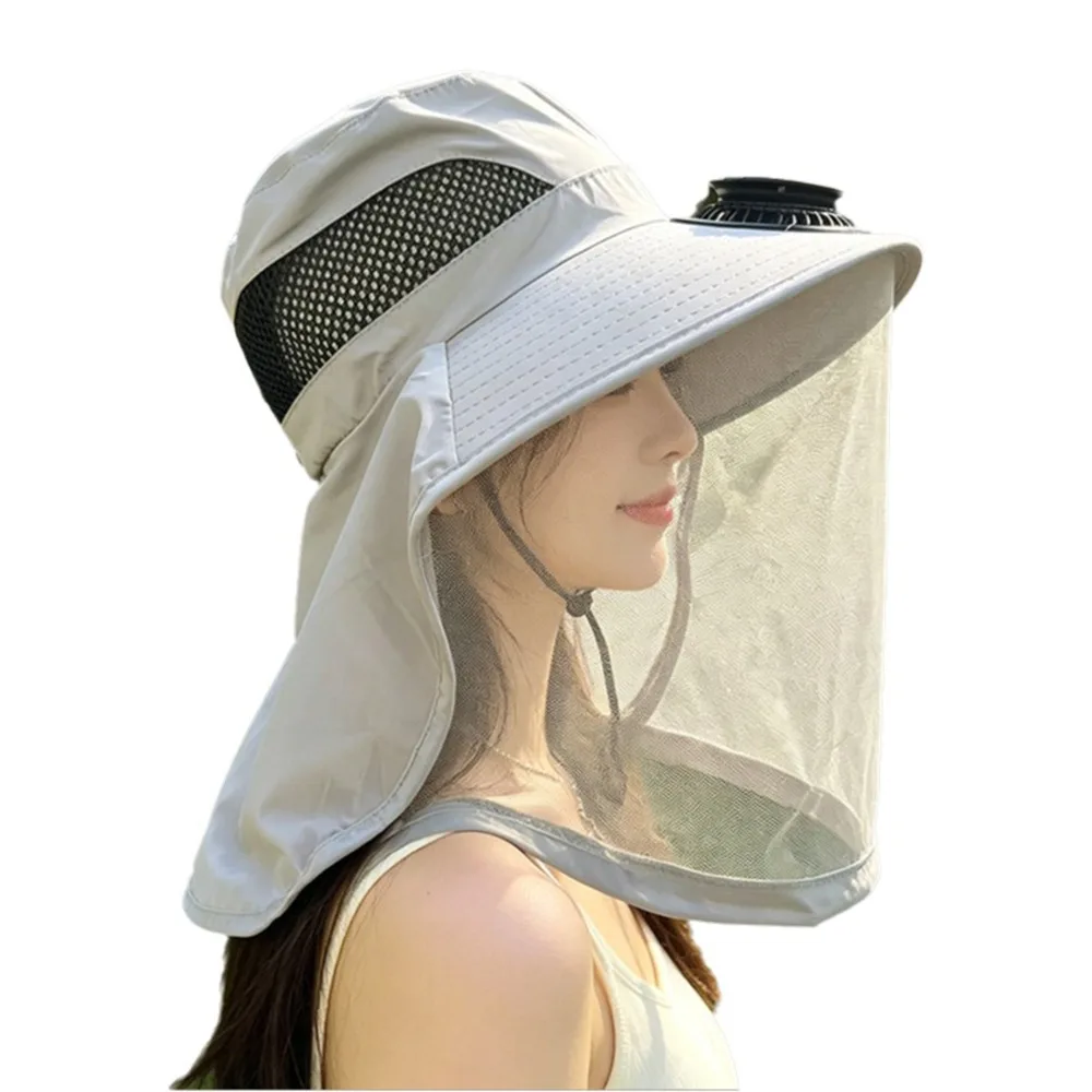 With Net Mesh Mosquito Head Net Hat UV Protection Foldable Solar Fan Hat Breathable Quick-Drying Wide Brim Sun Cap Fishing