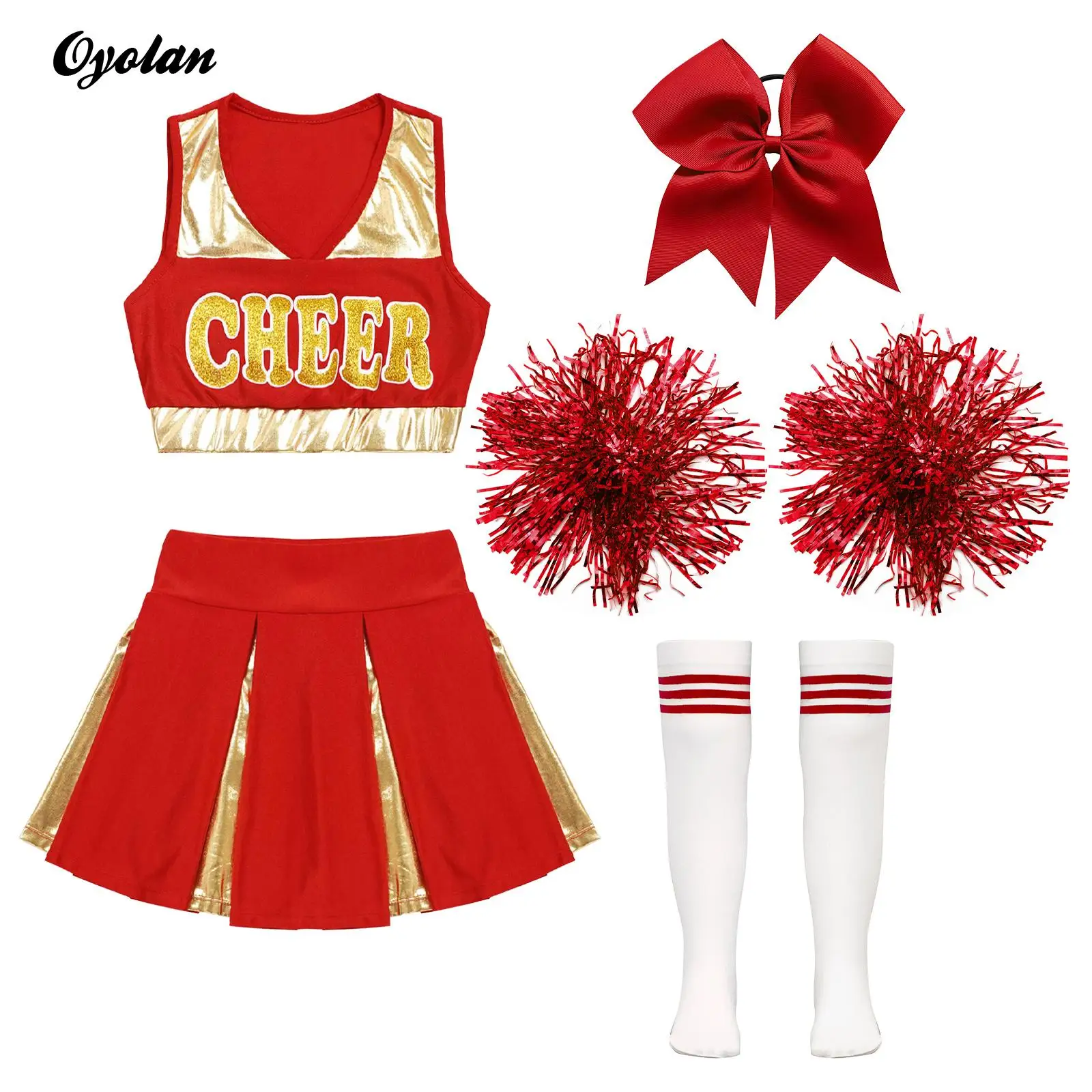 

Kids Girls Cheerleader Performance Costume Cheerleading Uniform Ballet Cheer Dance Outfits Letter Print Crop Top Pleated Skirt
