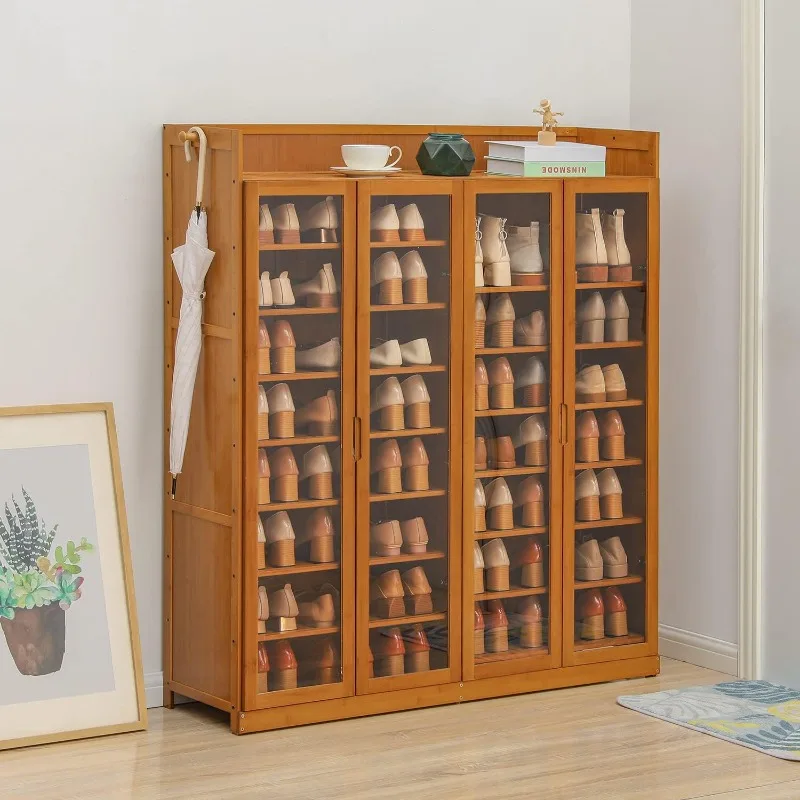 Shoe Cabinet with Acrylic Doors, 9 Tier Bamboo Free Standing Shoe Shelf Storage Organizer with Side Hooks