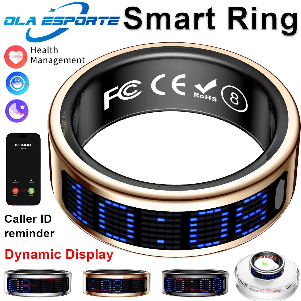 

Смарт-кольцо с динамическим экраном, Bluetooth-напоминание о вызове, монитор сердечного ритма, здоровья в крови, кислород, сна, IP68, водонепроницаемые спортивные кольца 2025