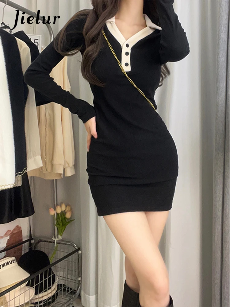 Jielur Autumn New Contrast Color Slim Women Dress Sweet Ladies Casual Dress Woman Black Coffee Knitted Fashion Dresses Female