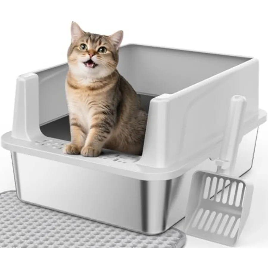 

Stainless Steel Cat Litter Box with Lid, Metal Kitty Litter Box for Cats, Kitten Litter Boxs with Scoop and Mat, Non-Sticky, An