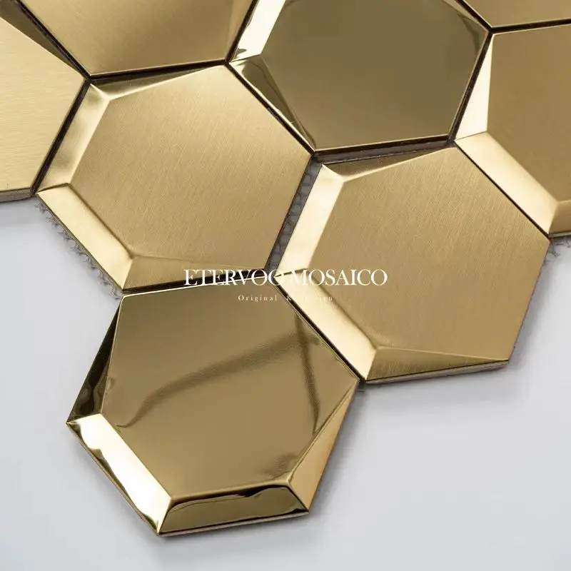 20Pcs Self Adhesive 3D Hexagonal Mosaic Tiles Concave Convex Modern Stainless Steel for Bar Countertop TV Background Wall Decor