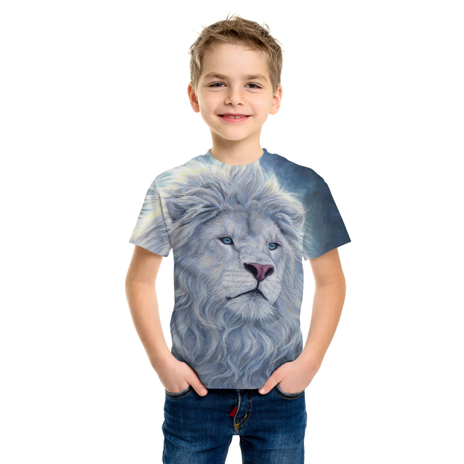 Camiseta elástica con patrón de León para niños, camisa transpirable, cómoda, para actividades al aire libre, ropa informal