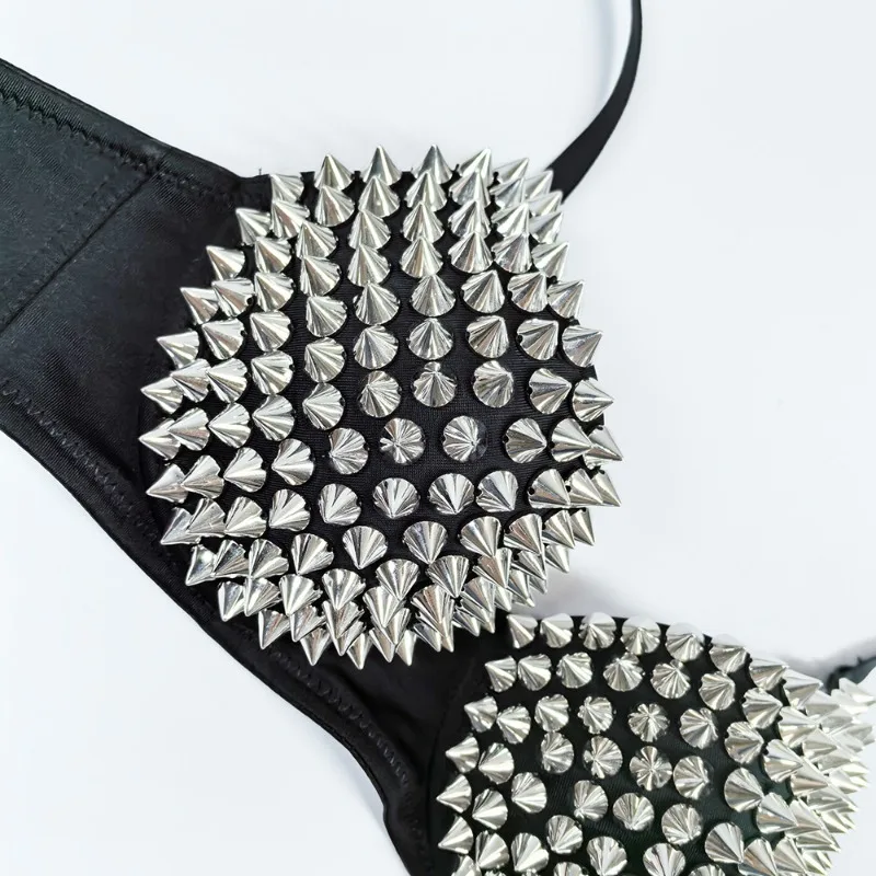 Punk Gothic Push Up Bralette – Silver Rivet Lingerie Bra Top for Women, Sexy Nightclub Party Style