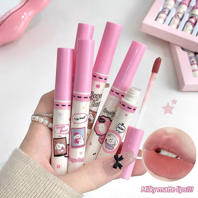 Gege Bear 6PC Velvet Lip Mud Set, Soft Matte Mousse Lip Tint, Lightweight Non-Drying Liquid Lipstick Gift Box, 6 Nude Shades Kit