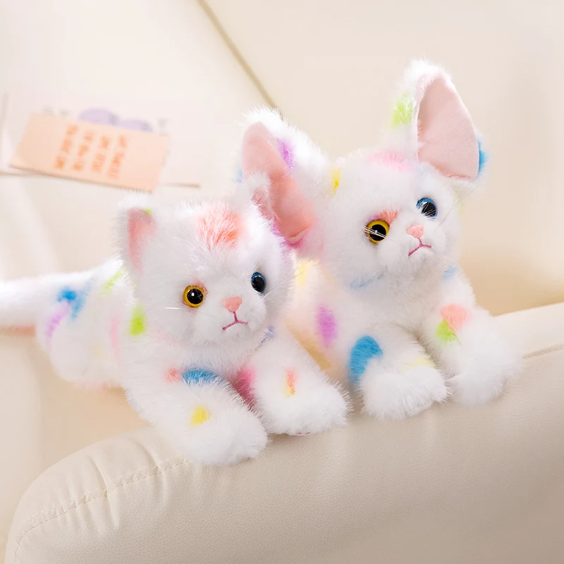 Peluche de chat aux couleurs de l'arc-en-ciel Devon Rex pour fille, jouet de simulation, doux au beurre, animal en peluche, modèle de dessin animé, chaton, oreiller pour bébé, joli cadeau