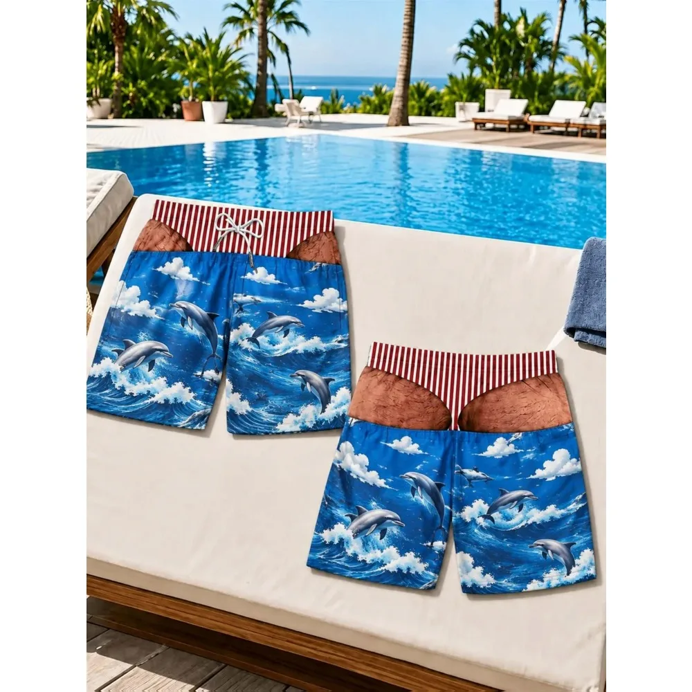 Men Casual Marine Dolphin Sea Wave Cloud Pattern Fake Butt Optical Illusion Shorts For Beach Pool Party