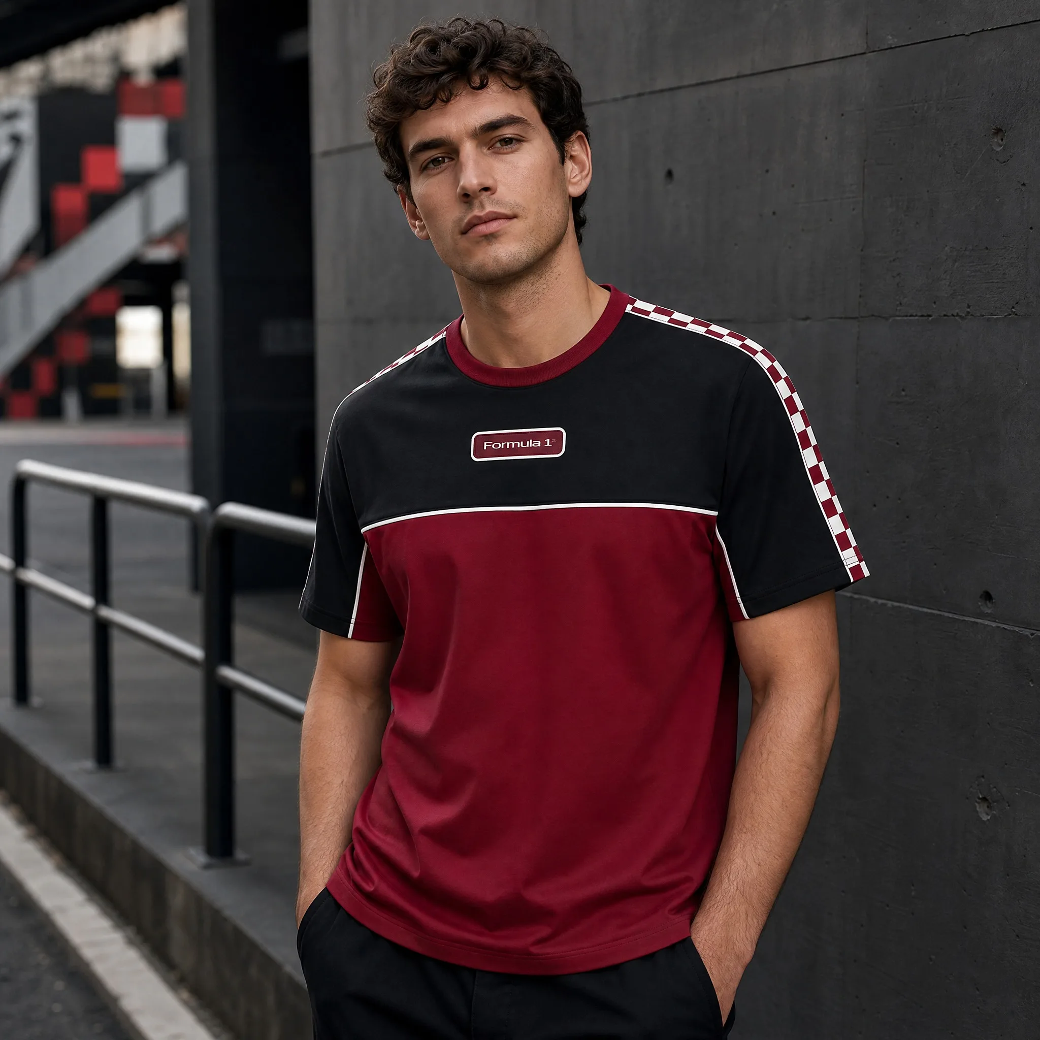camiseta-f1-masculina-borgonha-e-preta-com-detalhe-de-manga-xadrez-emblema-frontal-no-peito-e-nas-costas-camiseta-de-manga-curta-para-fas-de-corridas