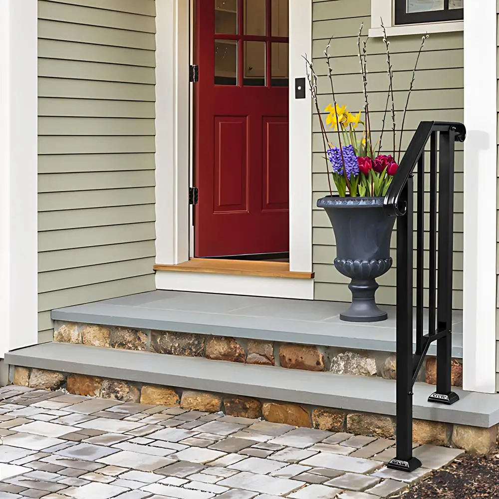 Handrails for Outdoor Steps Fit 2 or 3 Steps Porch Stair Railing Iron Transitional Single Level Handrail with Installation Kit