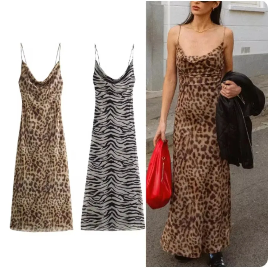 

【New style】 summer new women's clothing animal pattern pleated sling long dress to show slimming and sexy pleated
