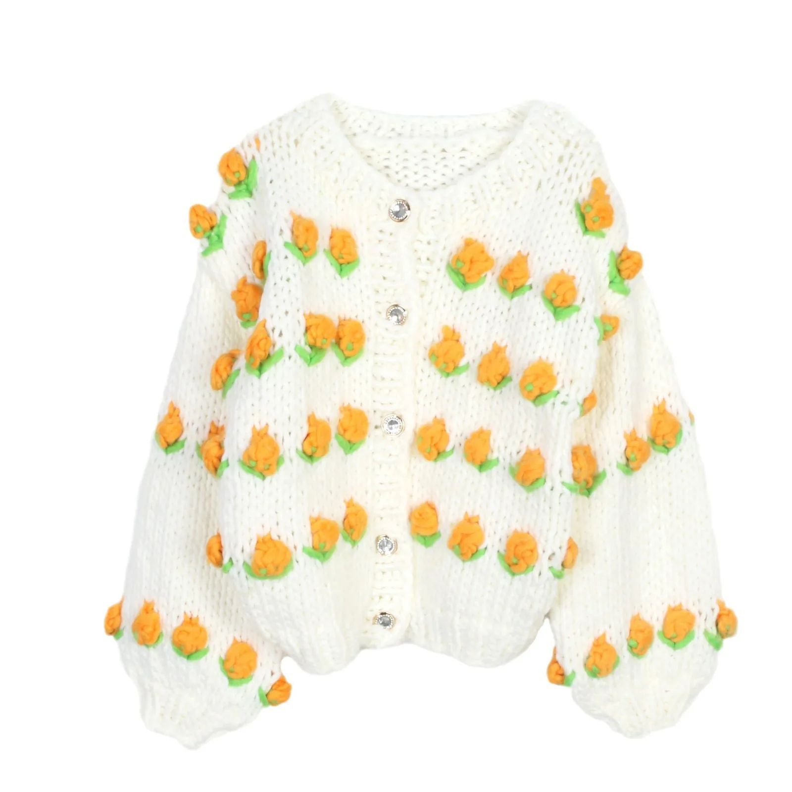 

Bohemian Flowers Hand-knitted Cardigan Sweater Loose Warm And Thick Autumn And Winter Round Neck Long-sleeve Women's Sweater
