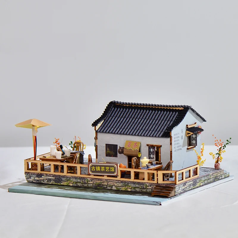 DIY Wooden Doll Houses Jiangnan Town Tea House Casa Miniature Building Kit Dollhouse with Furniture for Girls Birthday Gifts