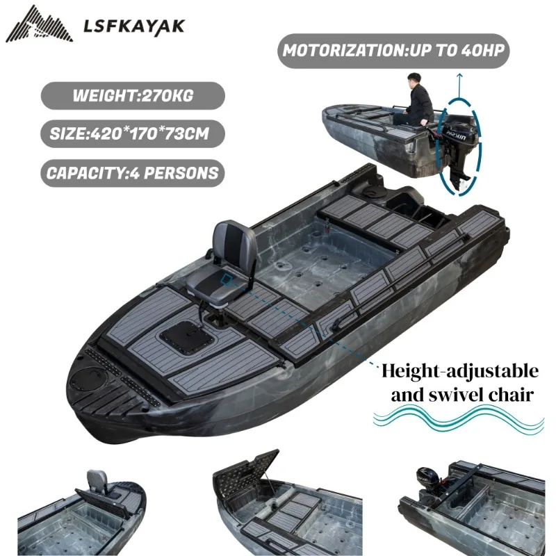

2026 New Design 4.2M Premium Fishing Bass Kayak Sit-On-Top 4 Person HDPE Luxury Racing for Wholesale Leisure Surfing