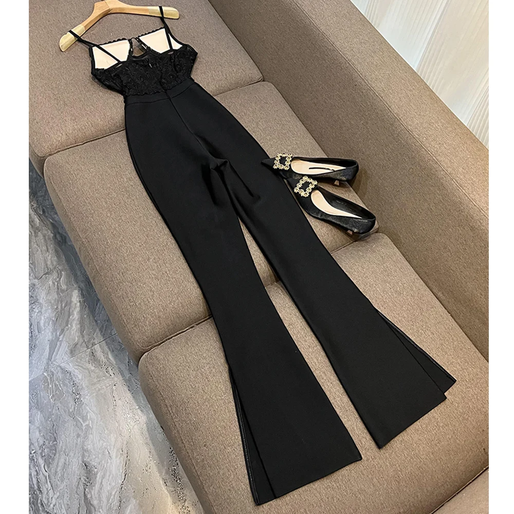 Sexy Floral Lace Patchwork Sleeveless Women Jumpsuit Elegant High Street Fashion Side Split Lady Black Bodysuit