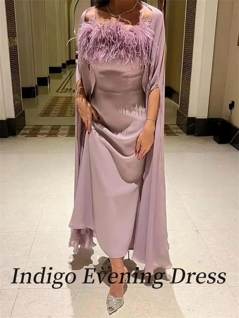 Indigo-Vestidos de Noche Sin mangas hasta el tobillo para mujer, chal de plumas de espagueti, vestido Formal de fiesta para ocasiones, 2024