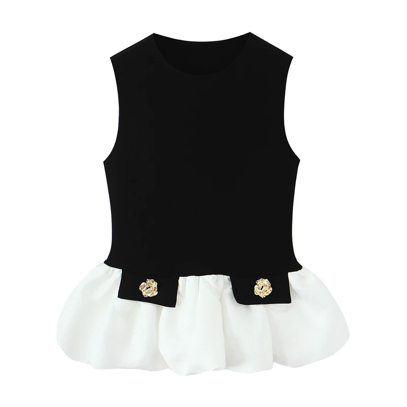 

2025 Autumn Sweet and Playful Style Black and White Spliced Sleeveless Flared Top