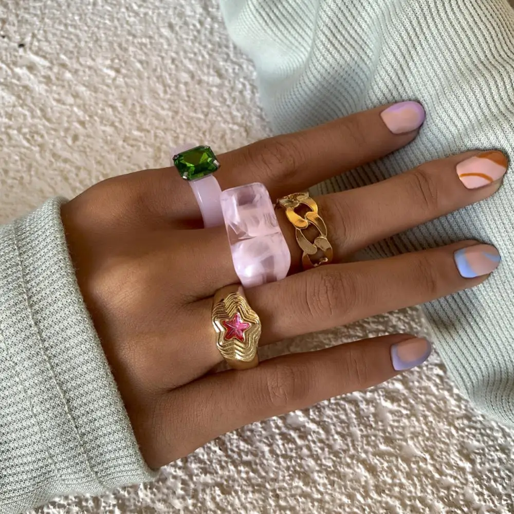 Vintage Acrylic Rings Set Women Metal Gothic Ring Fashion Jewelry Gift Simple Irregular Geometry Personality Metal Crystal Rings