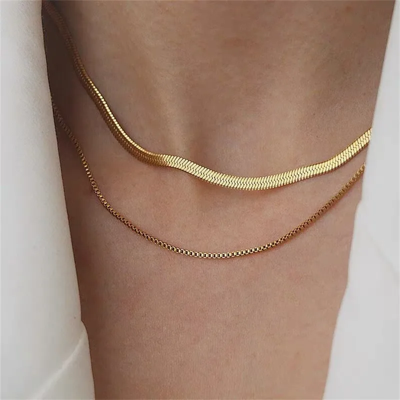 

Fashion Multilayer Snake Chain Necklaces For Women Gold Color Herringbone Choker Clavicle Neck Chains 2023 Trendy Jewelry Gifts