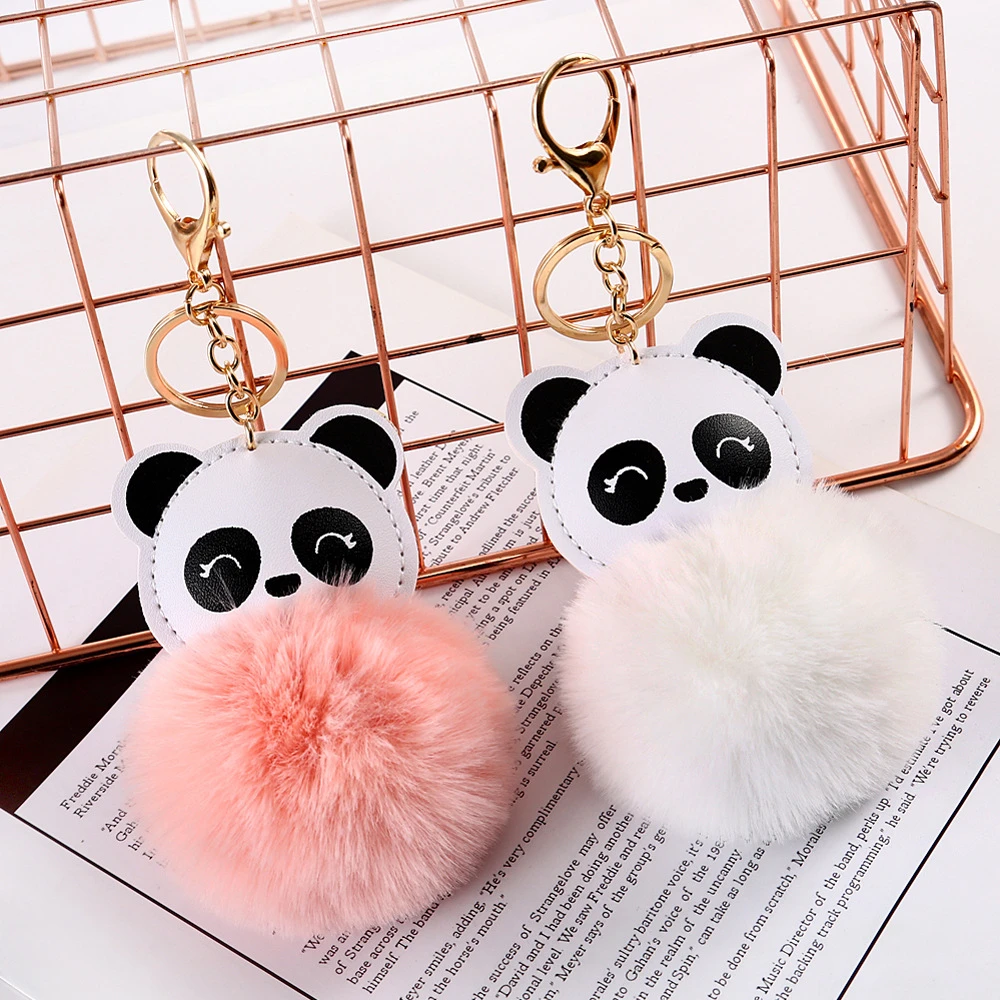 New Fashion PU Leather Animal Panda Keychain Soft Faux Rabbit Fur Pompom Fluffy Hairball Key Chain Women Bag Hanging Decorations