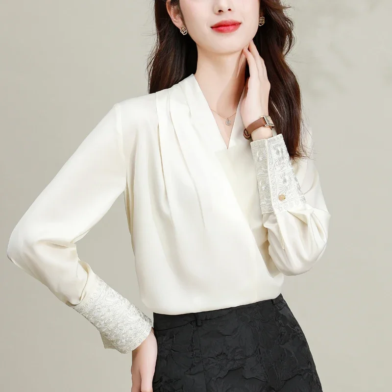 Women's Chinese Style Satin Shirt, Silk Vintage Blouses, Solid Clothing, Loose, Spring, Summer, V-Neck Women Tops