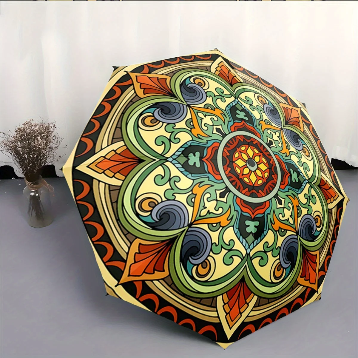 

Automatic Folding Umbrella with Mandala Design - Vibrant Floral Patterns in Green, Orange, Blue & Yellow, Portable Collapsible