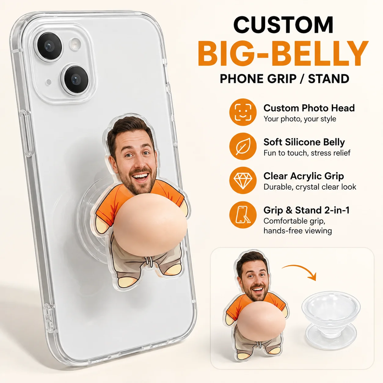 Custom Acrylic Phone Grip Personalized Big Belly Phone Stand Funny Photo Holder Foldable Smartphone Grip Gift Accessory Set Kit
