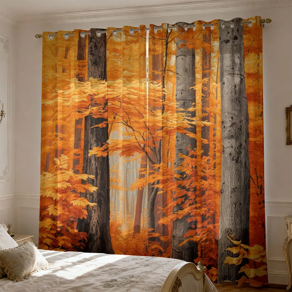 2 pieces of autumn warm maple forest-themed curtains for living rooms and bedrooms blocking light and decorating homes