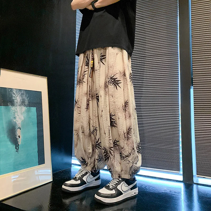 

Men's Loose Harajuku Pants Water-Media Print Nine-Tenths Casual Loose Leggings Autumn Vintage Cuffed Lantern Pants