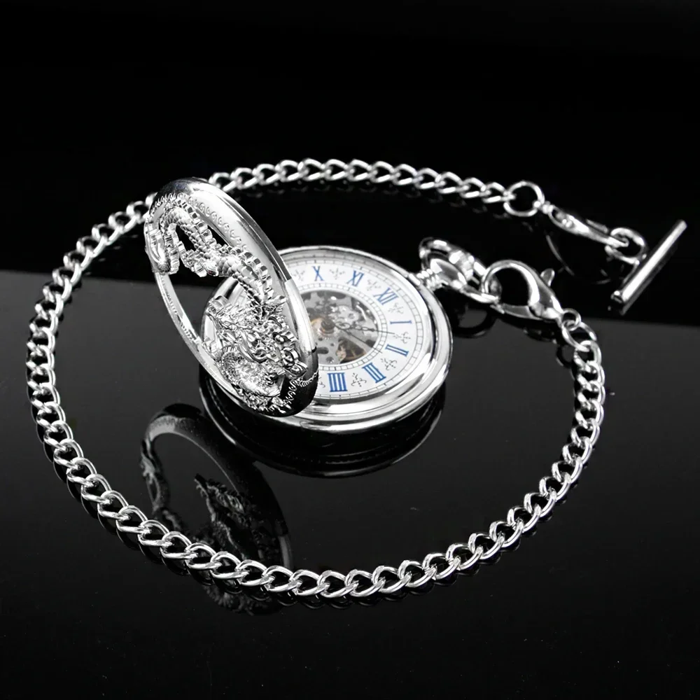 ساعة جيب ميكانيكية عتيقة بتصميم التنين، حافظة مجوفة، هيكل عظمي تناظري للرجال، ساعة جيب ميكانيكية