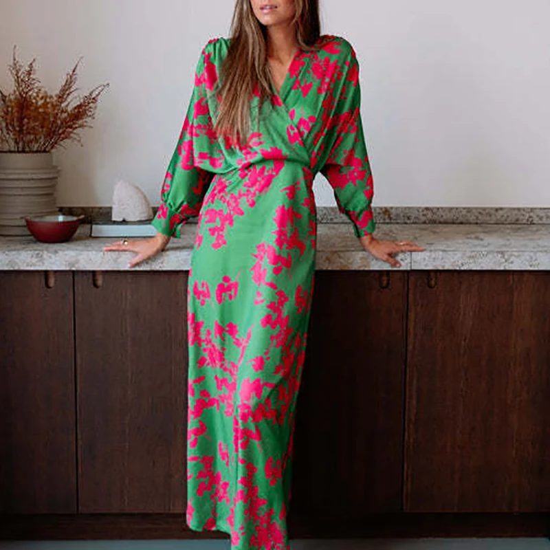 Abiti larghi streetwear casual Abito maxi da ufficio da donna con stampa floreale vintage Abiti bohémien a vita alta con scollo a V di nuova moda