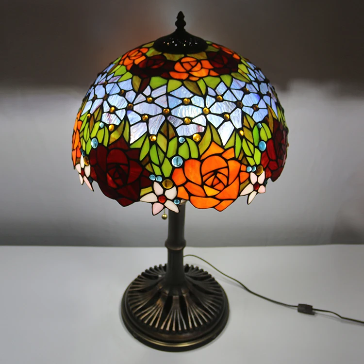 16 Inch European Stained Glass Red Rose Style Tiffany Table Lamp With Copper Base