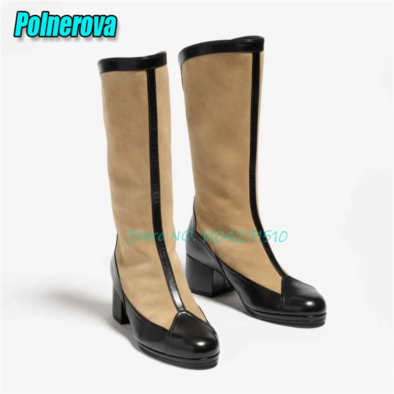 Pointed Toe Patchwork Mid-Calf Boots for Women Spring Autumn Retro Suede Back Zipper Long Boots Street Style Fashion Women Shoes