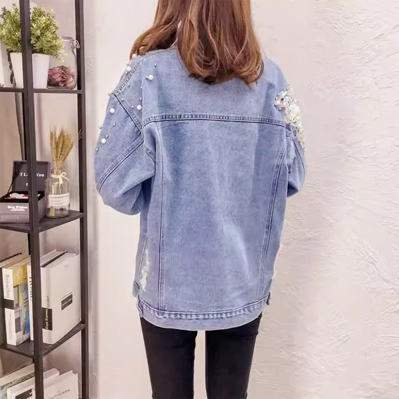 2025 New Spring Autumn Fried Street Jeans Jackets Women Outwear Korean Loose Sequined Beaded Hole Denim Jacket Tops Streetwear