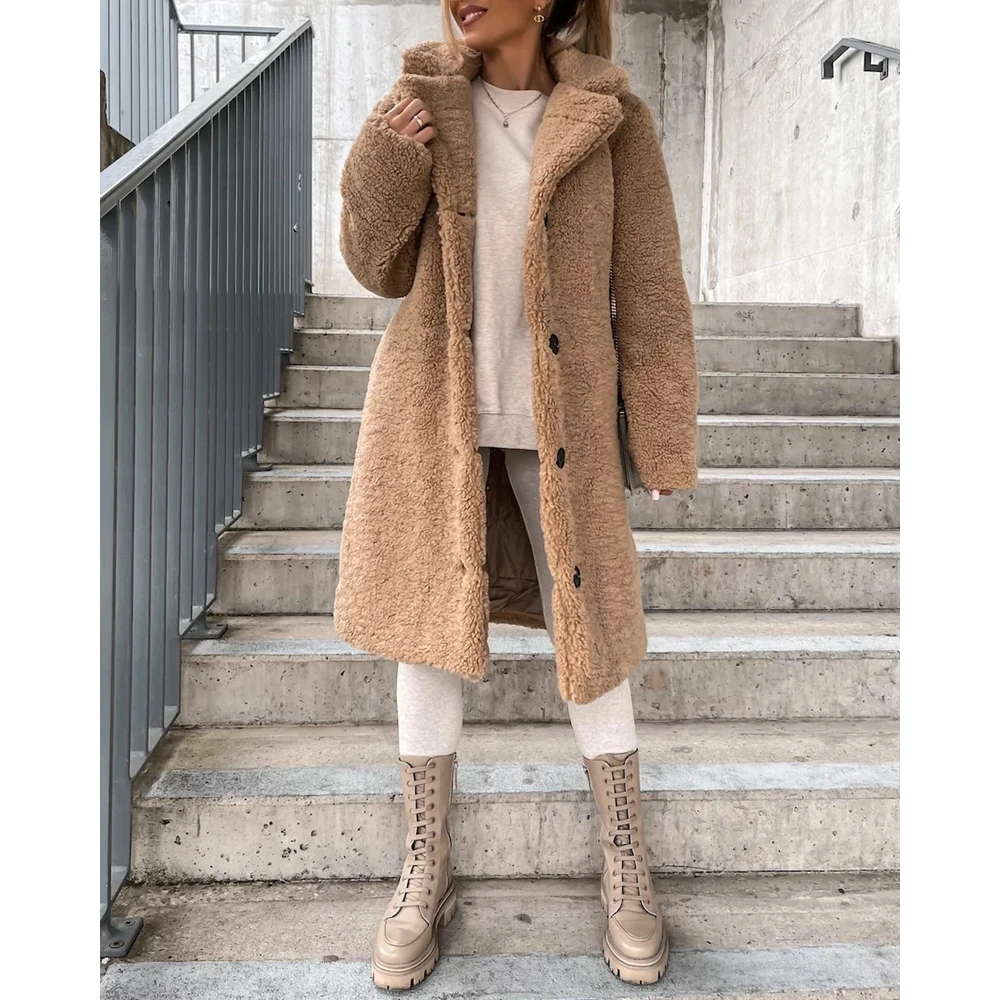 Casual Autumn Femme Turn-down Collar Fluffy Teddy Coat Single Breasted Winter Jackets Outwear for Women Streetwear traf