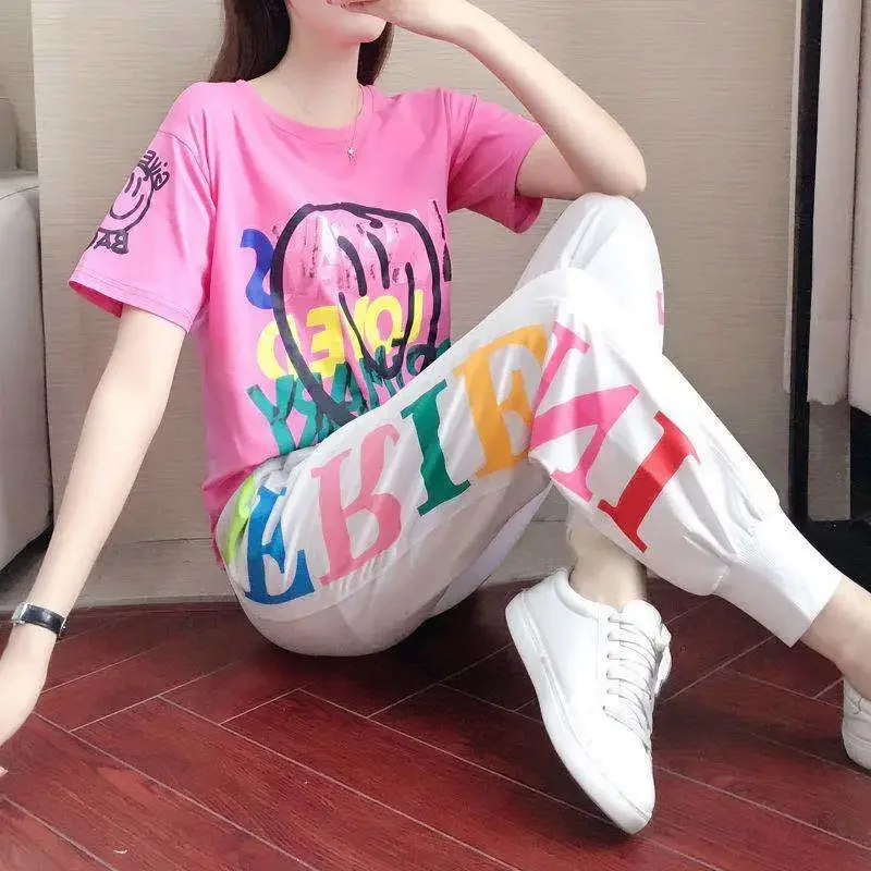 Women\'s 2025 Spring Summer New Casual Sports Suit Short Sleeved Printed T Shirt And Harem Pants Two Piece Set For Women Clothing