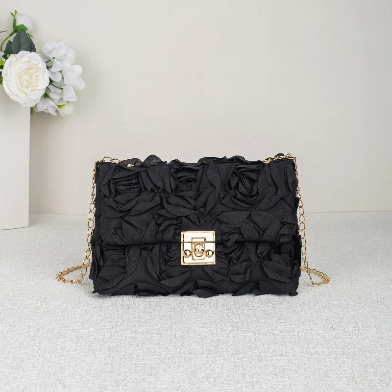 3D Rose Floral Satin Evening Bag with Gold Clasp Detachable Chain Strap Flap Closure Crossbody Purse for Wedding Party Prom view 3