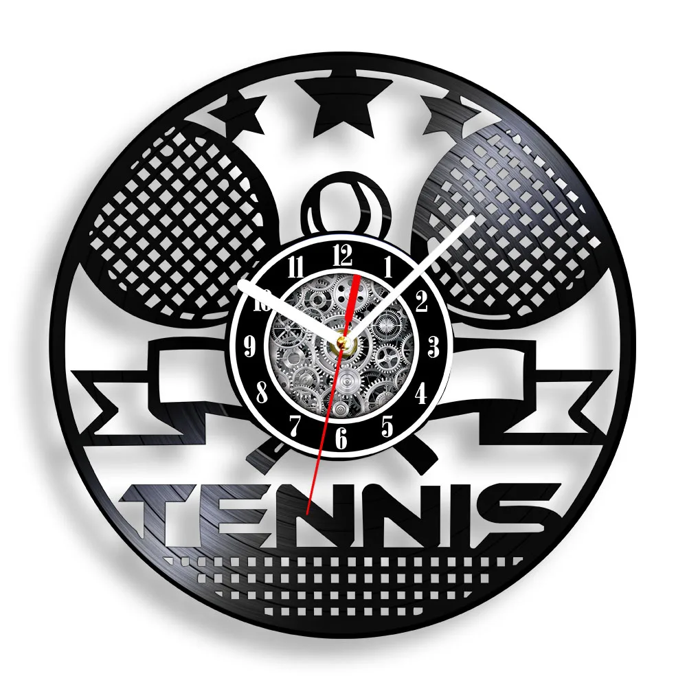 Racket Ball Tennis Vinyl Record Wall Clock For Sports Home Court Carved Music Album Retro Longplay Wall Clock Tennis Player Gift