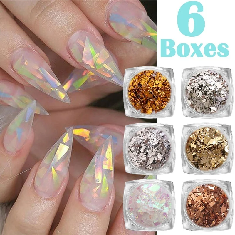 6 Colors/box of Nail Paper Foil Broken Glass Mirror Irregular Foil Film Nail Transfer Foil 3D DIY Nail Art Decorations