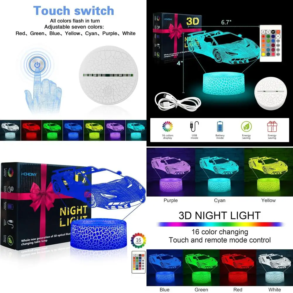 Luz nocturna de coche deportivo i-CHONY, lámpara de ilusión óptica 3D de coche de carreras, con control remoto y táctil inteligente, decoración de dormitorio regulable en 16 colores