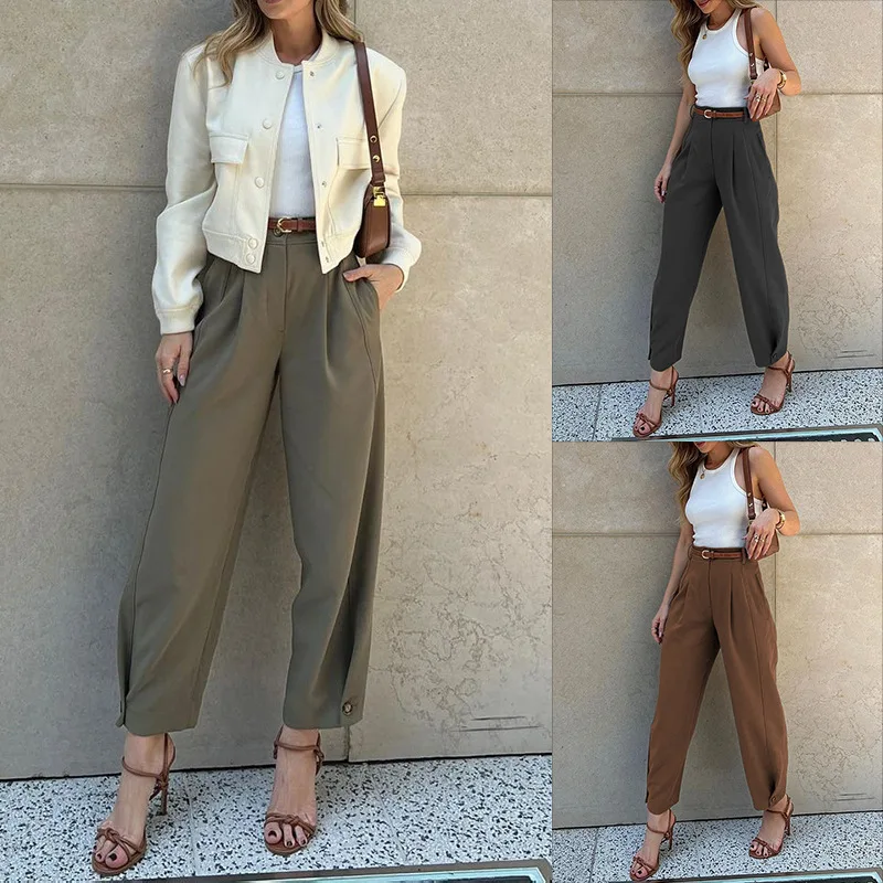 

Women Pants Pockets Casual Nine-point Suit Pants Temperament High Waist Cargo Pants Zipper Fly Female Ankle Trousers Pantalones