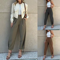 Women Pants Pockets Casual Nine-point Suit Pants Temperament High Waist Cargo Pants Zipper Fly Female Ankle Trousers Pantalones