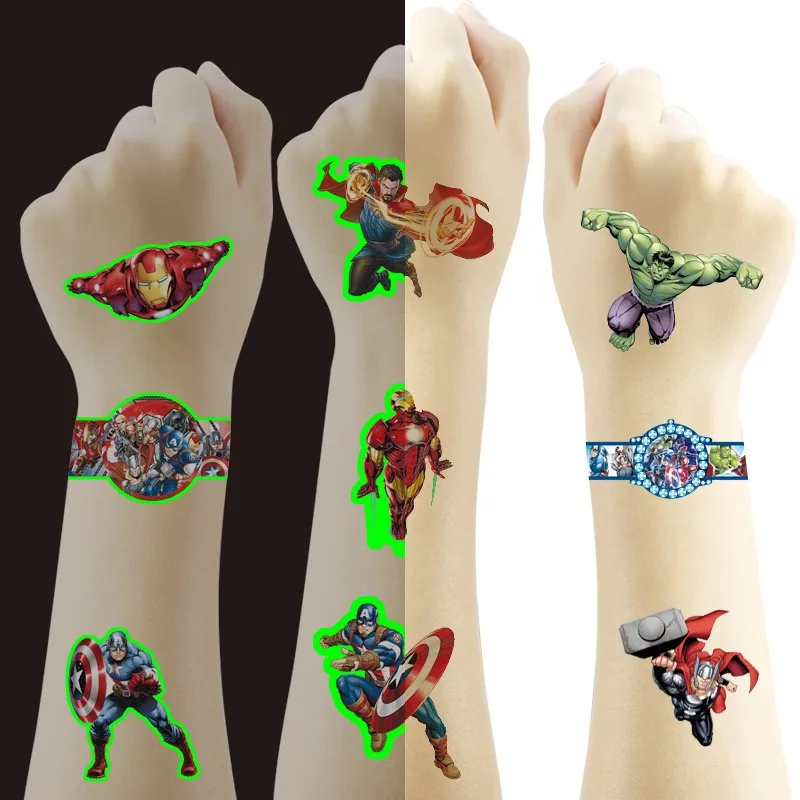 Autocollants de tatouage Marvel Avengers, étiquette lumineuse de super-héros originale et étanche, fournitures de fête d'anniversaire, cadeaux de décoration, 4 pièces/ensemble