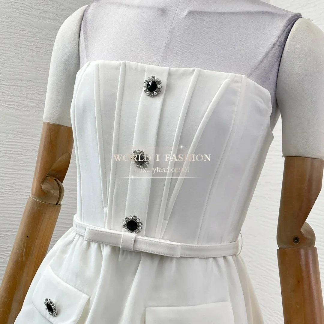 ホワイト ノースリーブ ダイヤモンド ラペル カットアウト ウエスト ミディ ドレス 2025