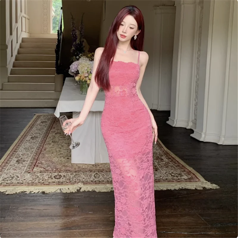 ファッション夏スラッシュネックピンクレースかぎ針編みキャミソールスリップドレスノースリーブボディコンペンシルイブニングパーティードレスロングベストスカート