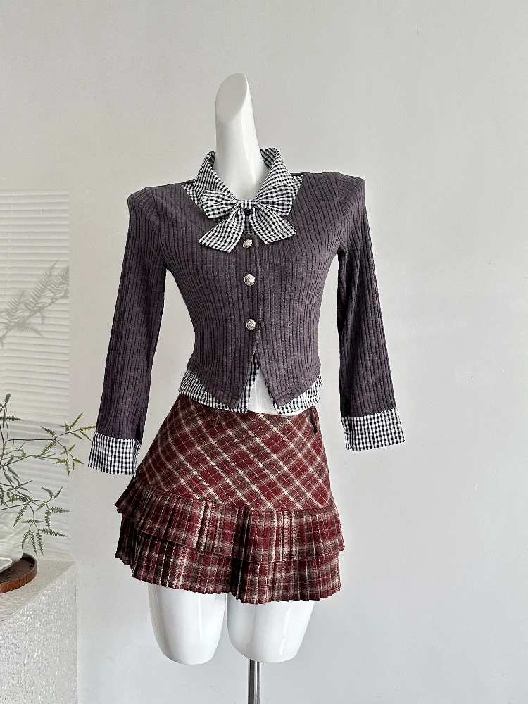 

Korean Preppy Style Sweet 2 Piece Set Women Knit Fake Two-piece Tops + Mini Plaid Skirt New Fashion Slim Vintage Outfits Autumn