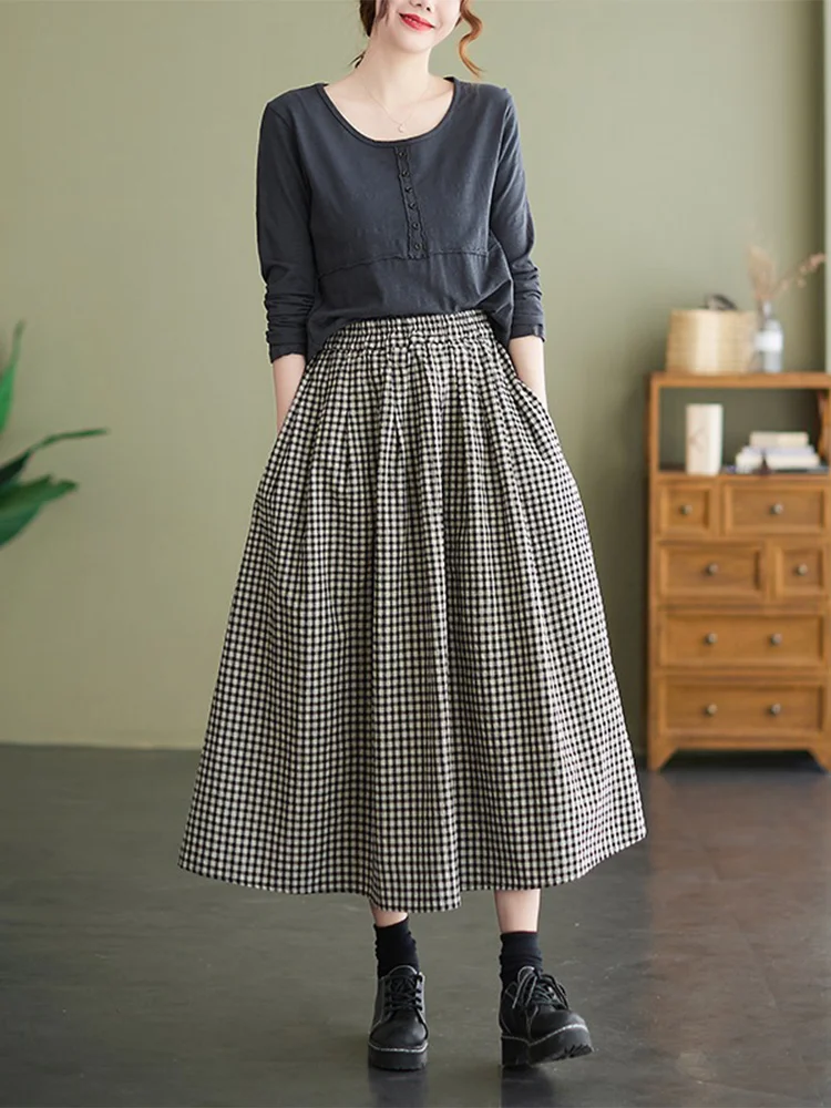

Retro Cotton Linen A-Line Skirt Women's Spring Summer Loose plus Size High Waist Plaid Midi Length Bell Skirt