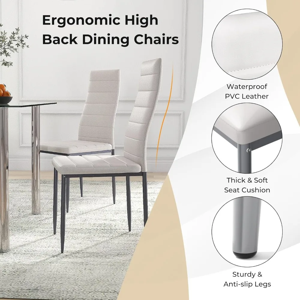 5-Piece Modern Dining Table Set – Glass Top with 4 PVC Leather Chairs 5