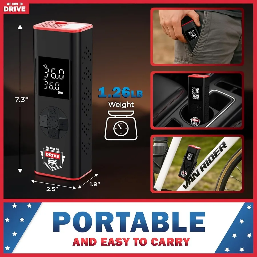 ضاغط هواء كهربائي محمول 12 فولت تيار مستمر لمنفاخ إطارات السيارات مع أقصى ضغط 150 رطل لكل بوصة مربعة ومقياس ضغط الإطارات المدمج