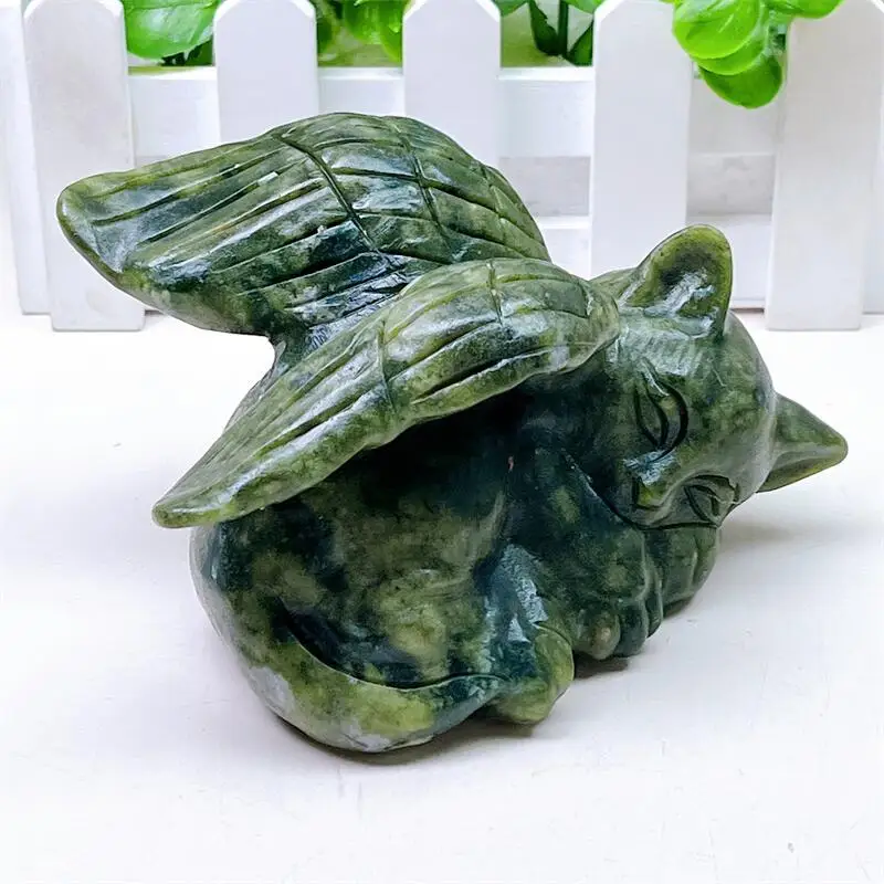 Natural Green Jade Angel Cat Carving, Healing Crystal Stone, Cute Birthday Present, Home Decoration Gift, 1Pc